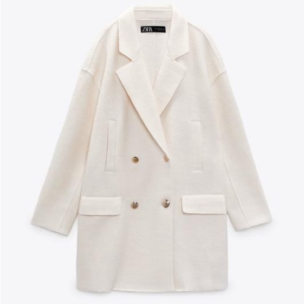 Zara Wool Blend Coat with Contrasting Buttons - Ecru